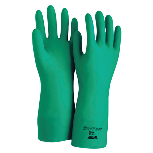 AlphaTec® Solvex® Nitrile Gloves, Gauntlet Cuff, Cotton Flock Lined, Size 9, Green, 15 mil