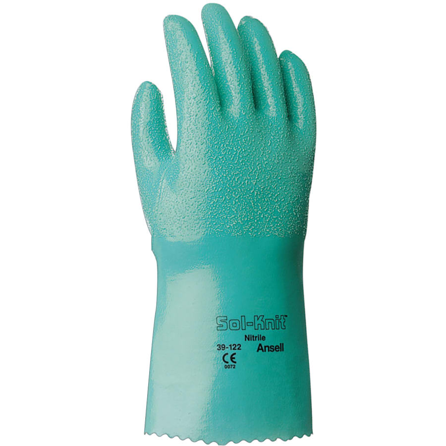 39-122 12 in Reinforced Nitrile Gloves, Gauntlet Cuff, Interlock Knit Cotton Lined, Size 8, Green