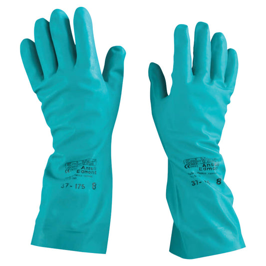 AlphaTec® Solvex® Nitrile Gloves, Gauntlet Cuff, Cotton Flock Lined, Size 8, Green, 15 mil