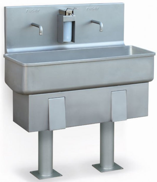 Roser Model 2319 Knee Operated Floor Mounted 2 Station Washbasin with Soap Dispenser