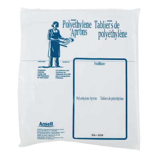 Disposable Polyethylene Aprons, 28 in X 55 in, Polyethylene, White